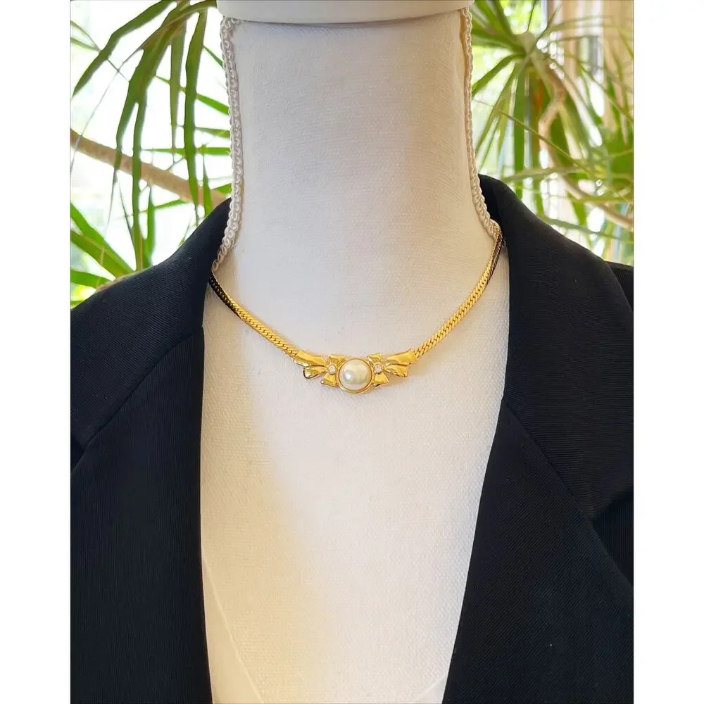NINA RICCI Vintage Pearl Ribbon Necklace Omega Choker Snake Chain 1980's